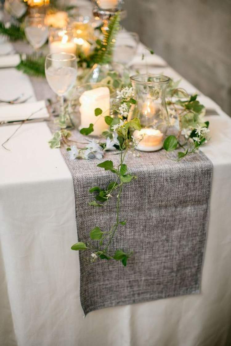 Wedding table decorated with leaves