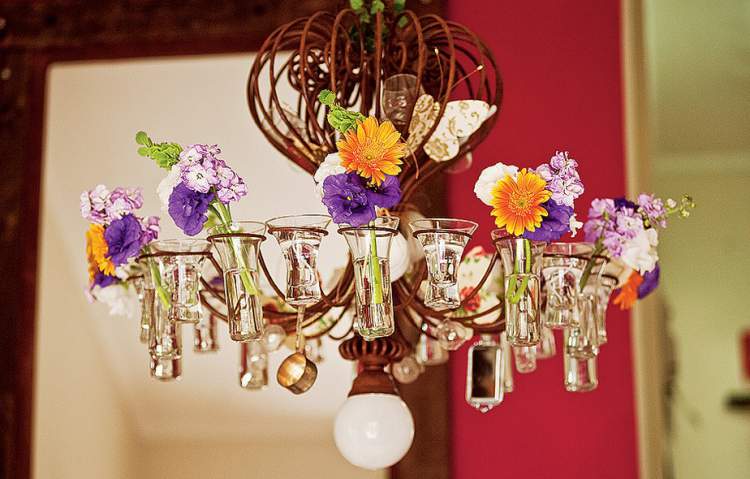 Chandelier as a support for mini flower pots