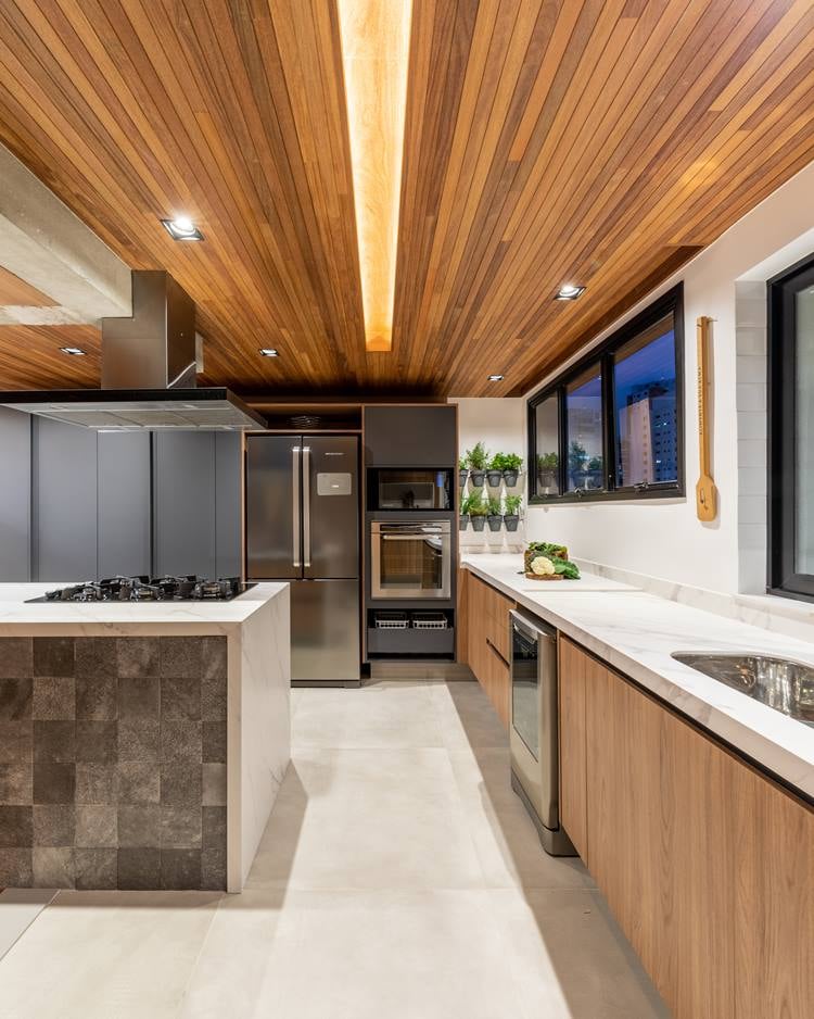 View of the 187 m² apartment kitchen decorated by architect Pietro Terlizzi towards the 2-door refrigerator in stainless steel, and cabinet with conventional oven and microwave.  On the bench wall, 6 small plant pots