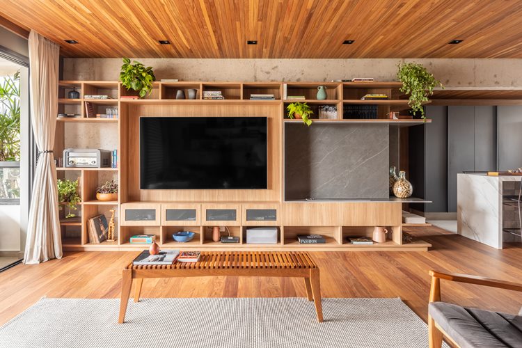 Wide view of the home theater of the decorated 187 m² apartment.  Wooden furniture with several sections decorated with books, boxes, plants and other objects.  A large TV is next to the fireplace