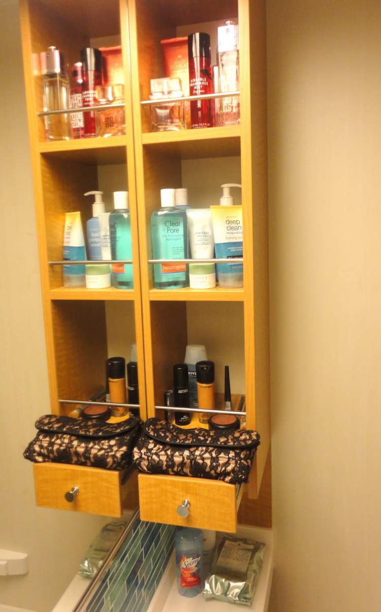 Bathroom with lots of cosmetic products