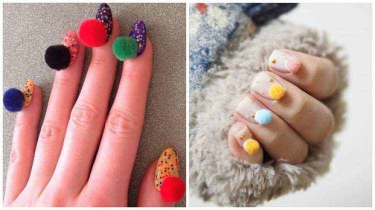 photos of nails decorated with pompom