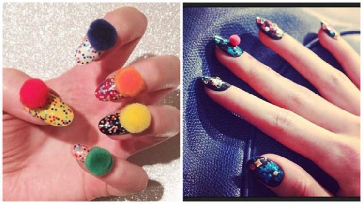 nail trend decorated with pompom