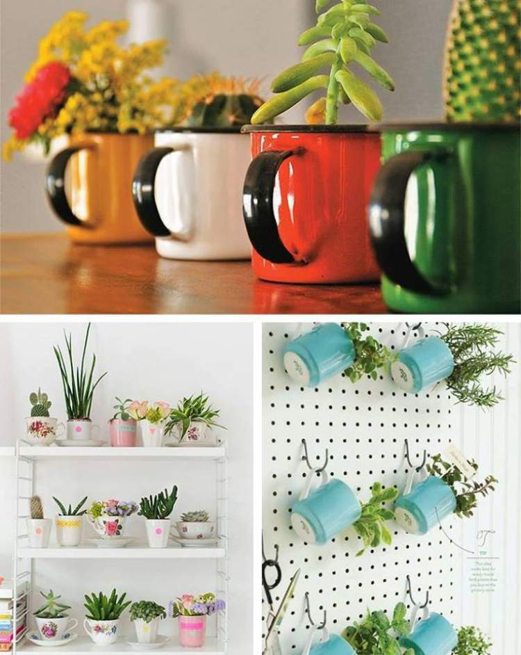 see how to use colorful mugs as plant and flower vases