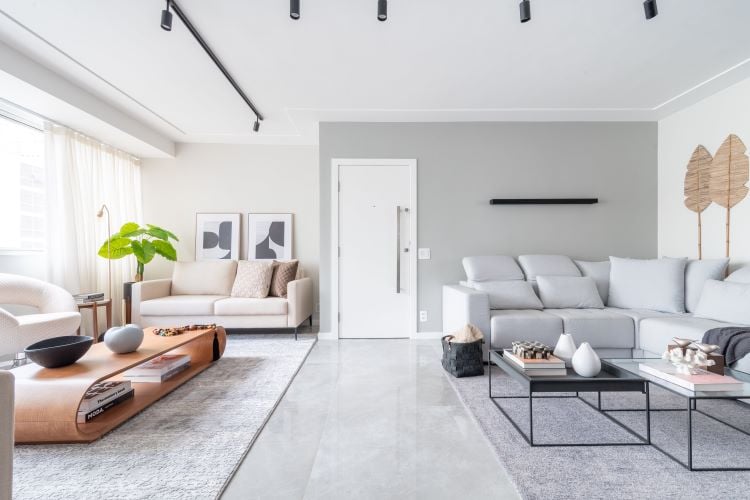 Image of a two-room living room, with gray and off-white walls, plant decoration on the wall, gray sofa with coffee tables, another sofa, but beige, wooden coffee table and plenty of space for passage.