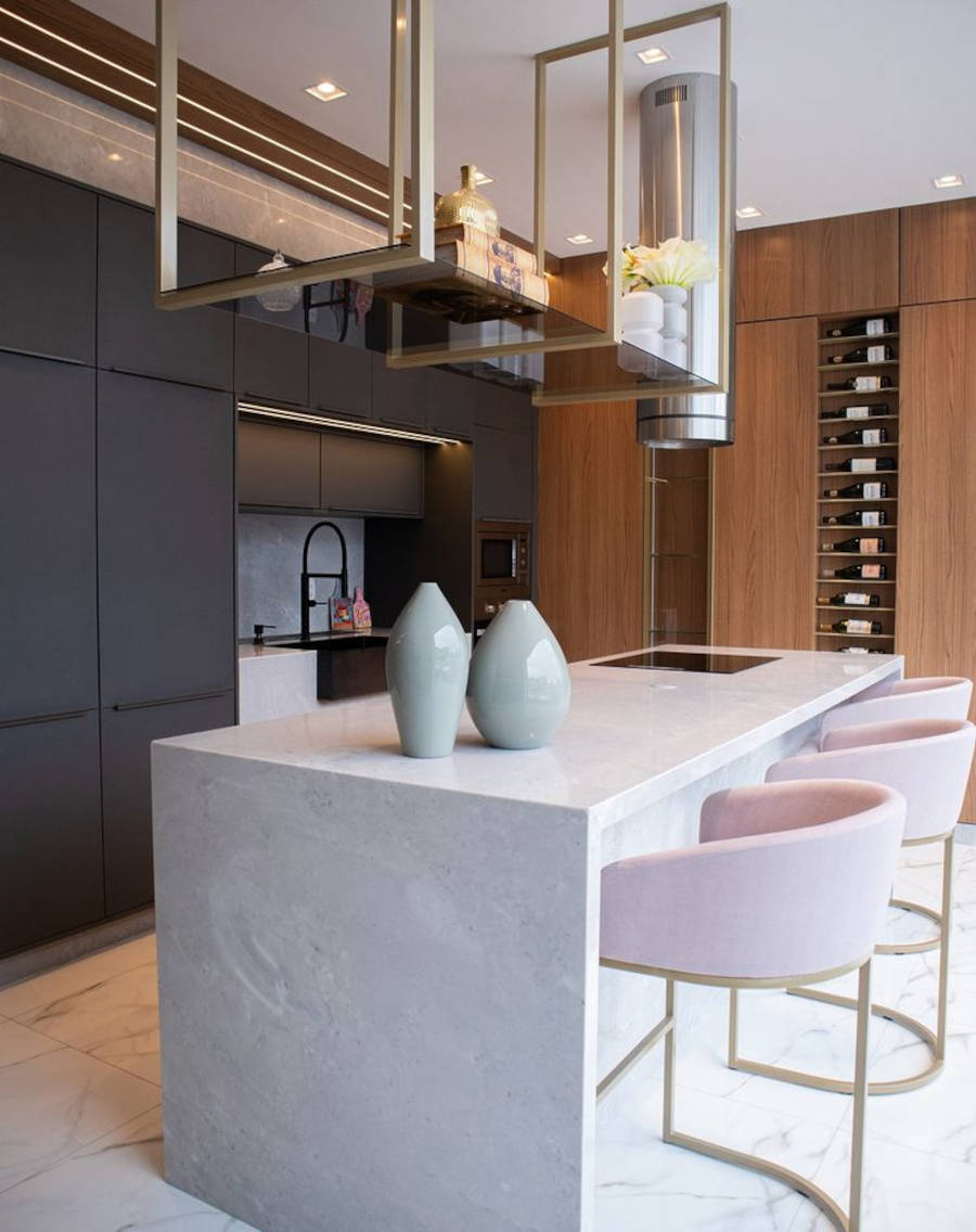 Black custom cabinet and wine cellar in the kitchen. 