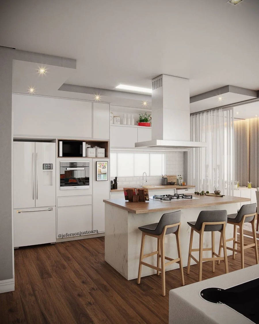 White American kitchen with island and gray stools.