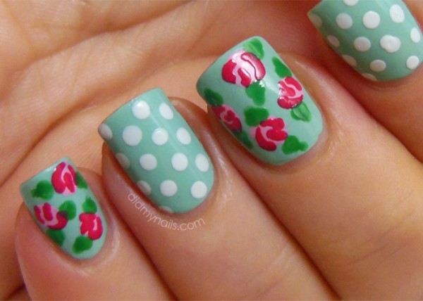 Green and white nail decoration and fruit design