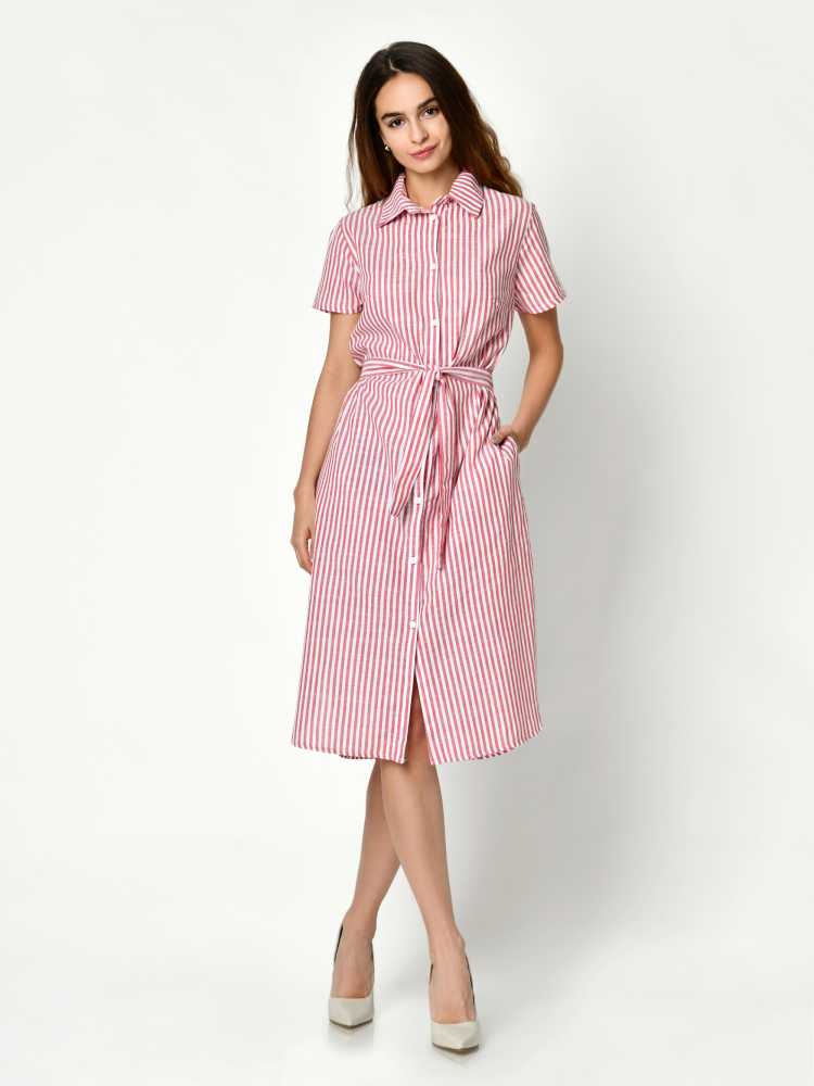 Red striped button front dress