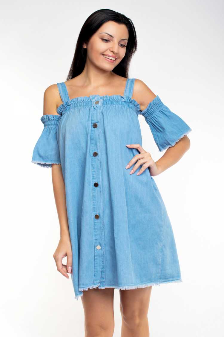 button front off the shoulder denim dress