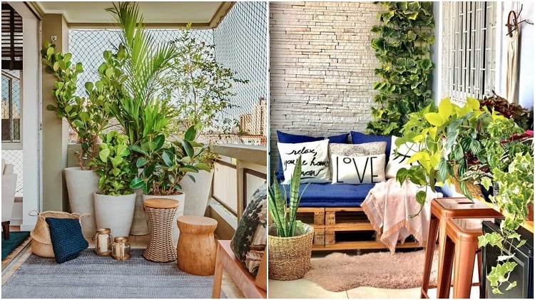 two balconies with potted plants