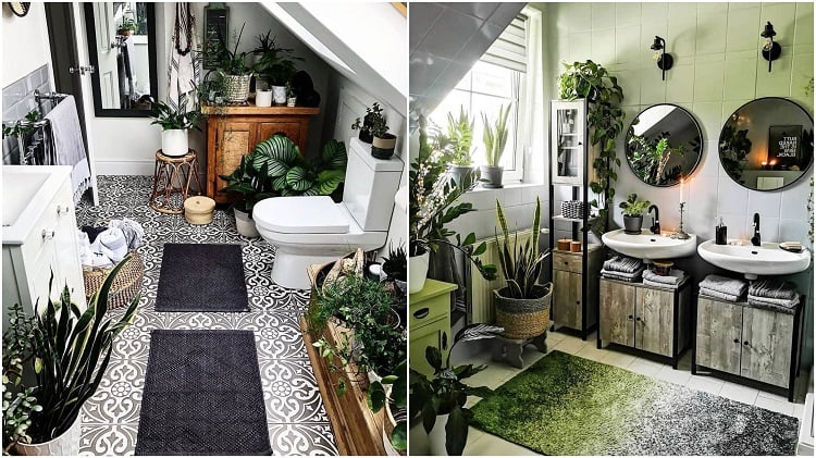 two bathrooms decorated with plants