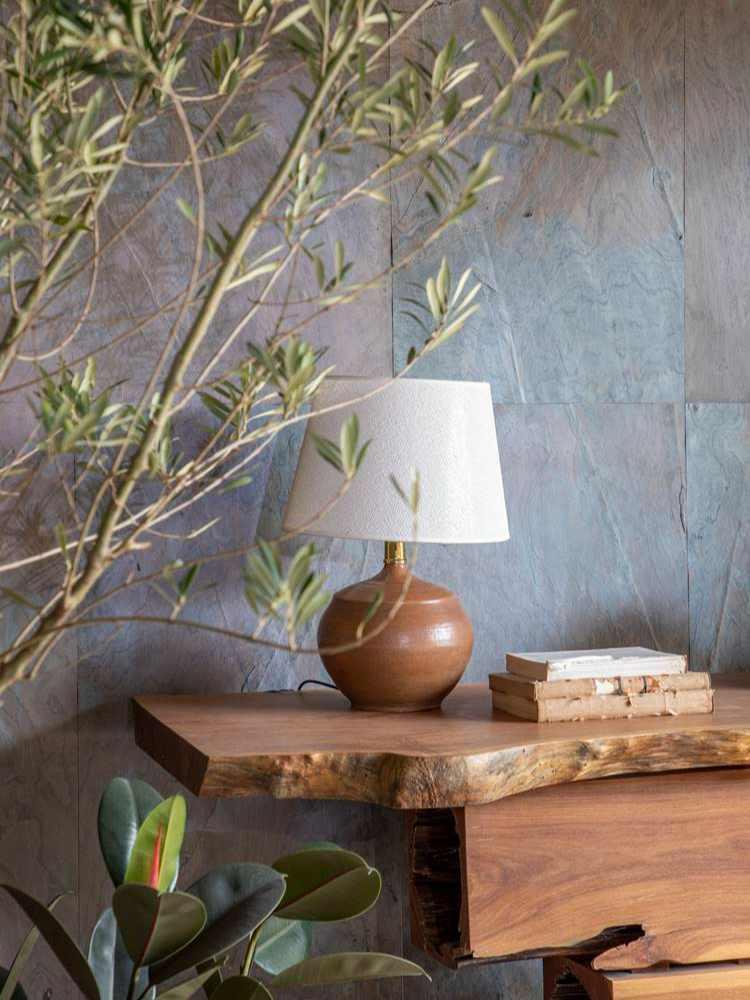 Brown lamp on a wooden shelf with a plant next to it.