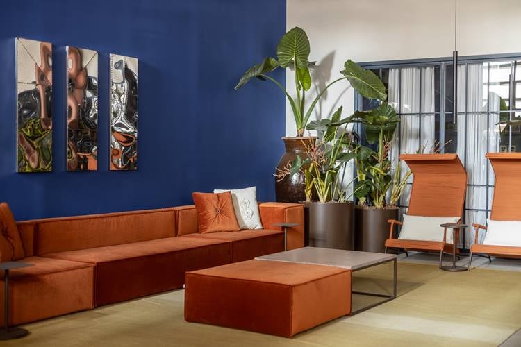 living room with brown furniture, blue wall and plants.