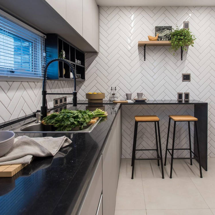 Black kitchen countertop.