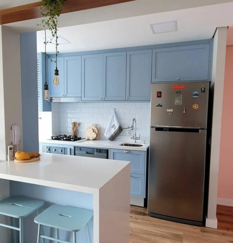 Blue apartment kitchen.