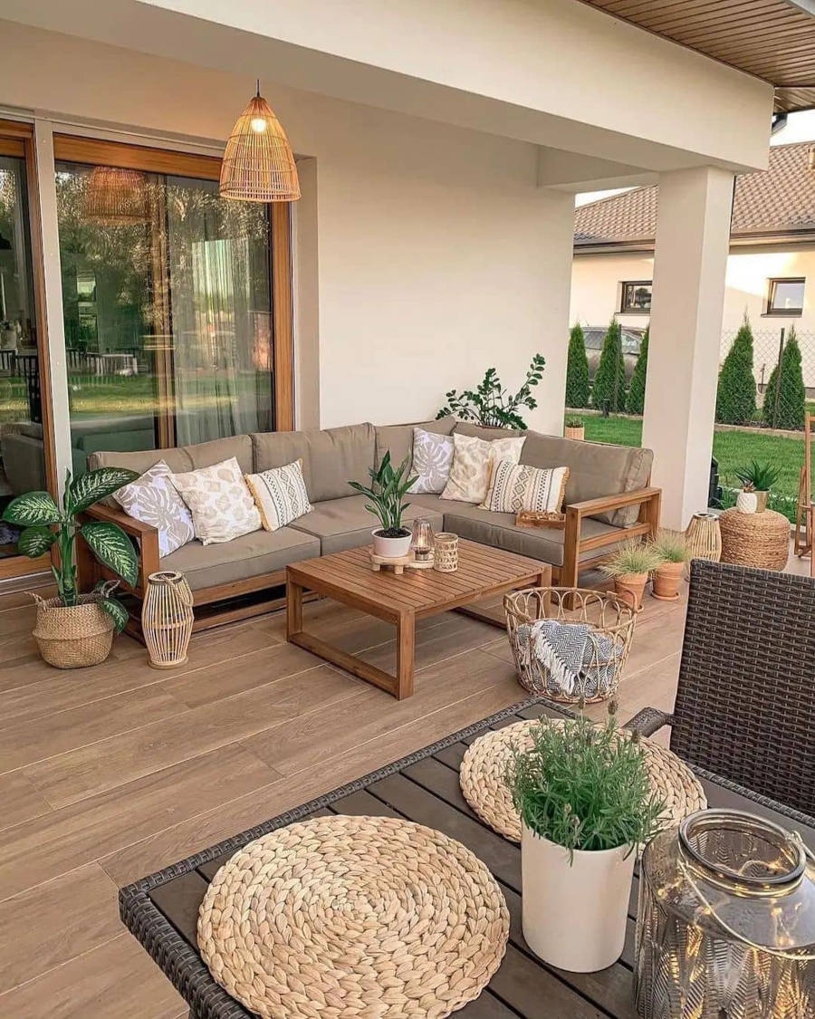 Balcony with wood flooring.