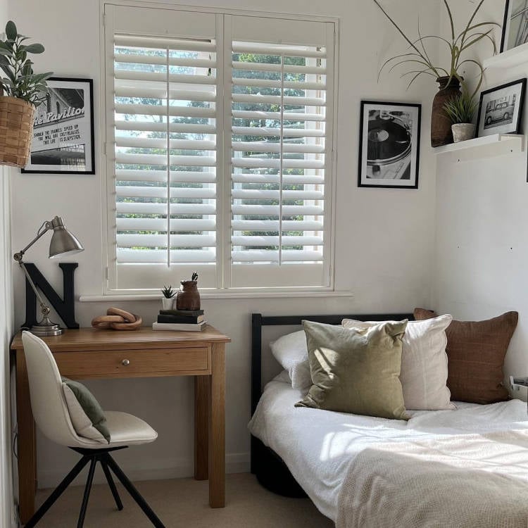 Small room decorated with paintings and plants.