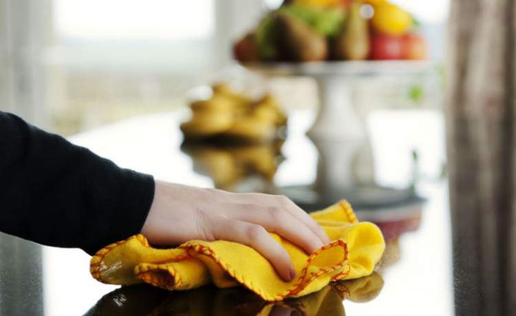 Cleaning the kitchen counter with vinegar to keep flies away