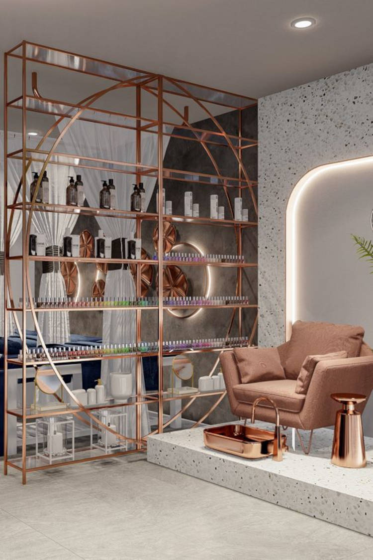 Rose gold shelves.