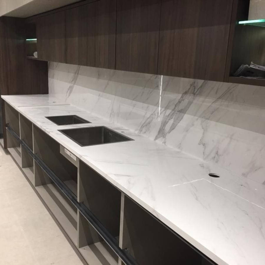 White countertop and brown cabinet.