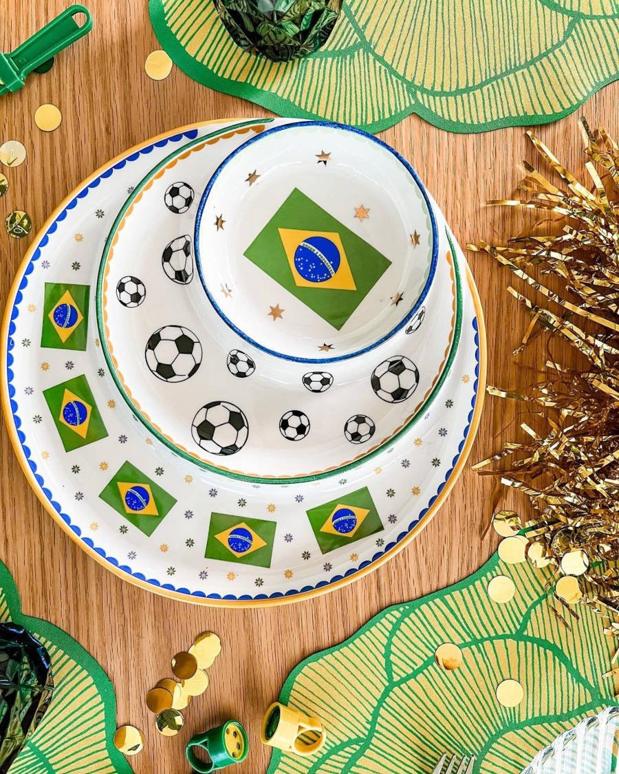 Crockery with Brazilian flag and footballs for decoration for the World Cup