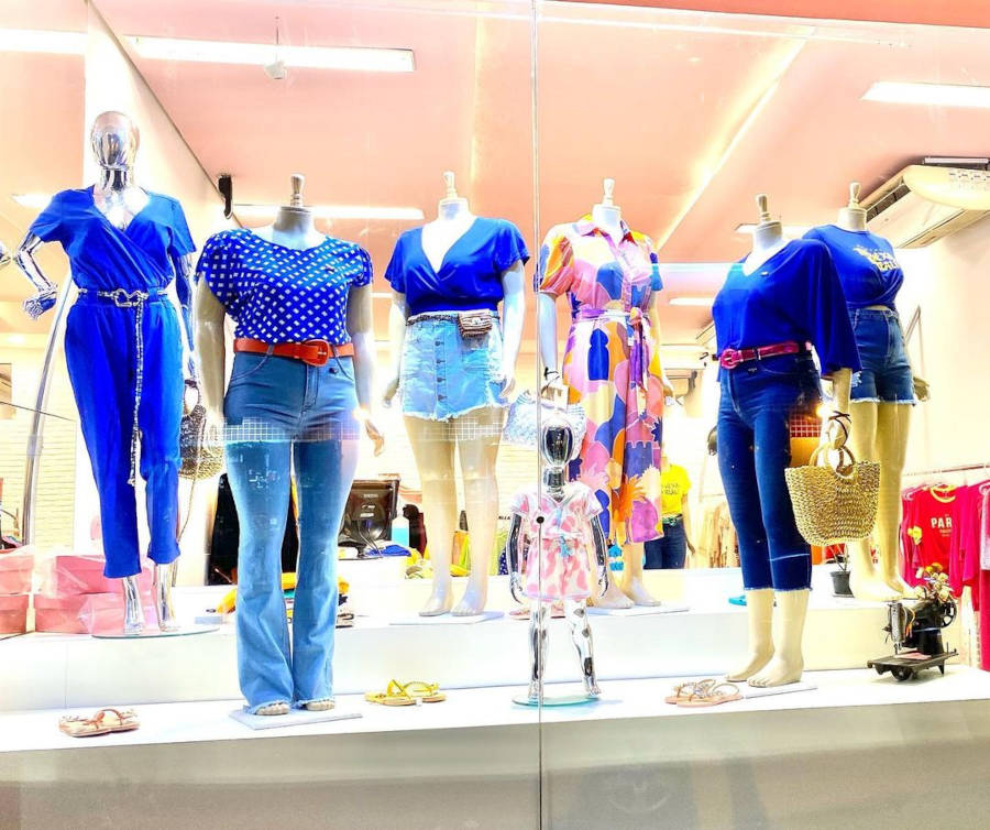 Blue clothes in a women's store.