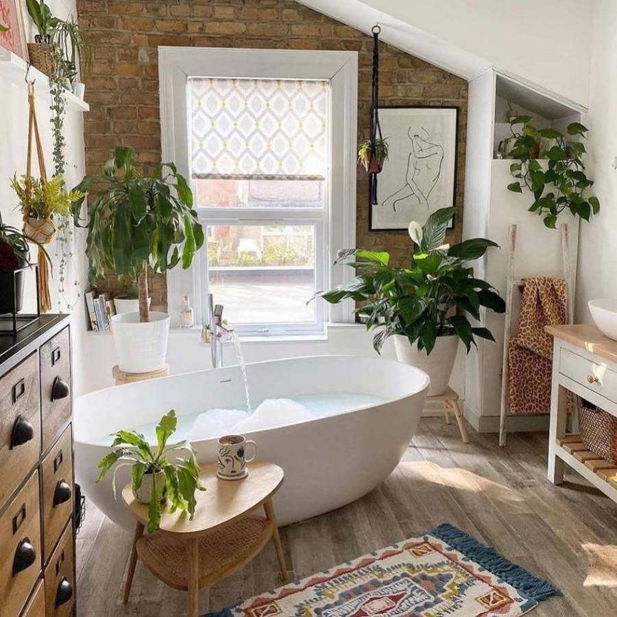 Bathroom with rug and books.