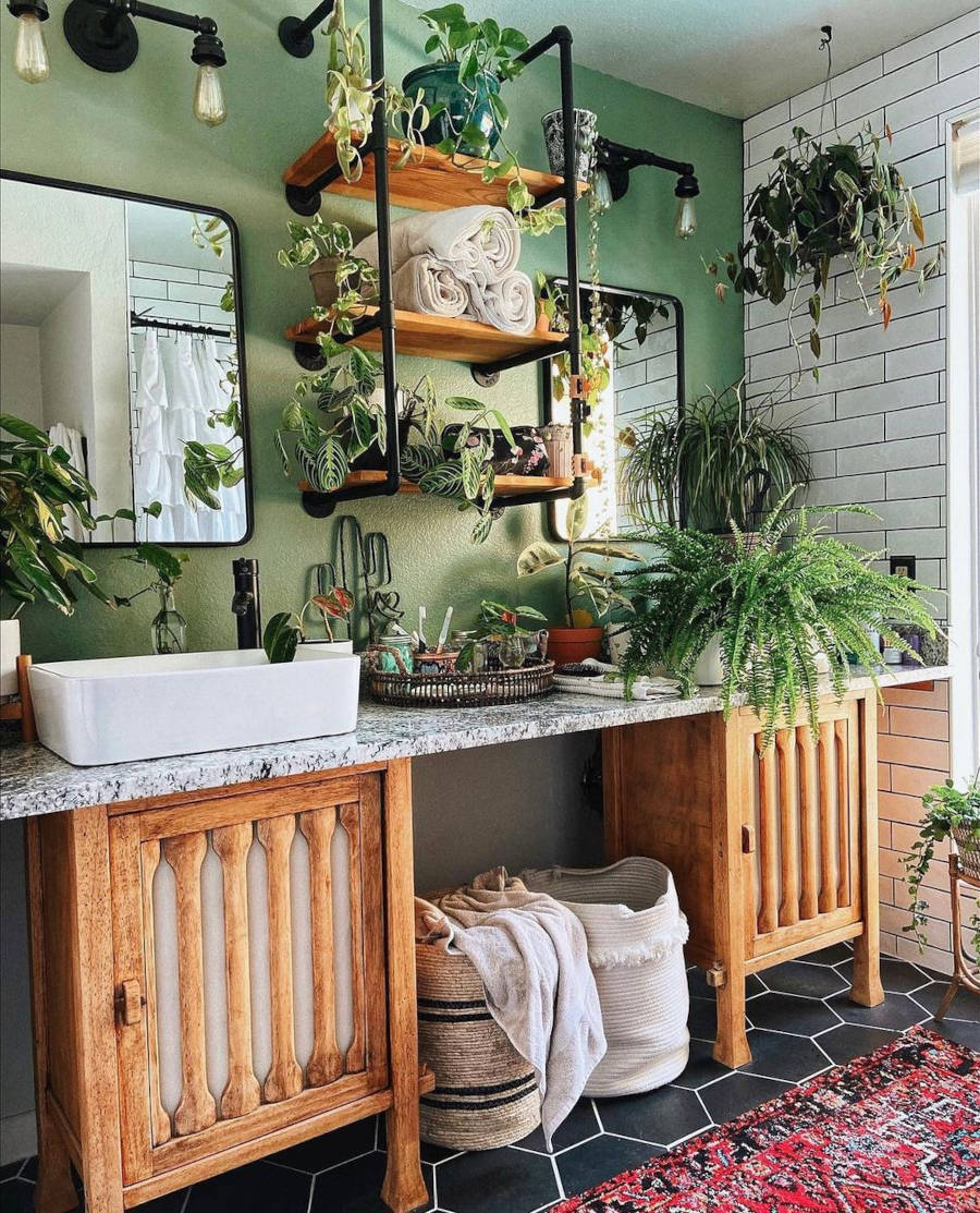 Green feng shui bathroom with lots of plants.