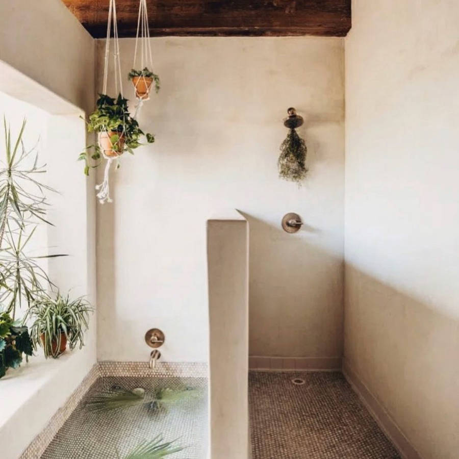 Bathroom with bathtub below floor level.