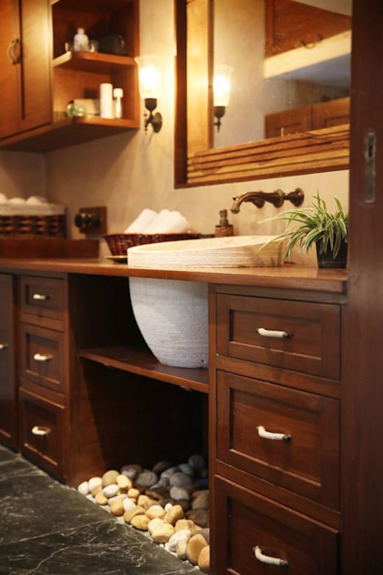 Feng shui bathroom with custom closet.