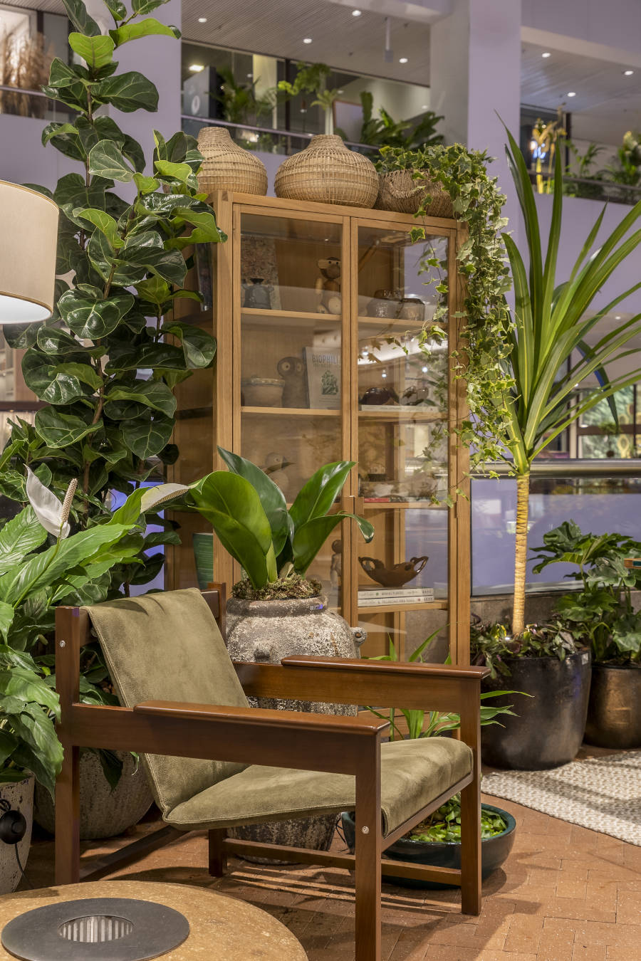 Hutch with crockery and wooden armchair at D&D Garden Design.