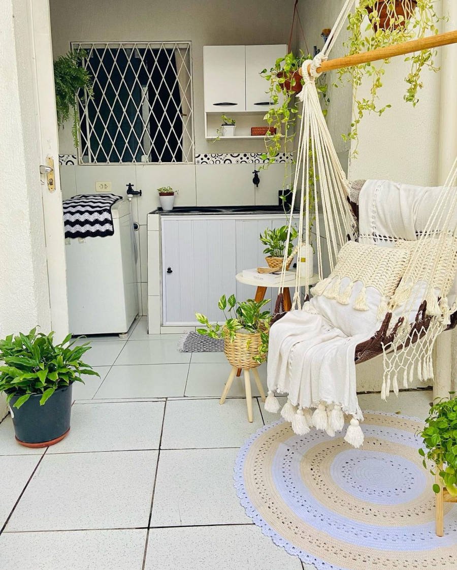 Backyard with laundry room.