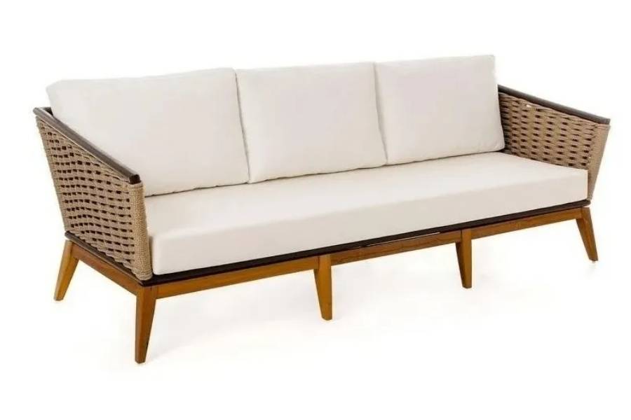 Wooden sofa with white upholstery.