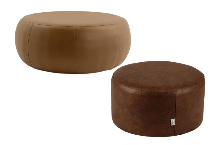 Brown leather poufs.