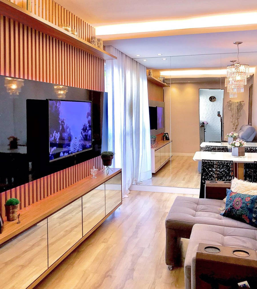 Mirrored wall in the living room.