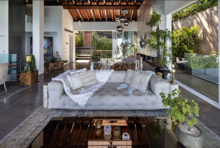 living room with gray sofa.