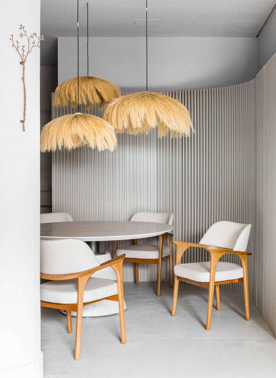 Dining room with slatted wall.