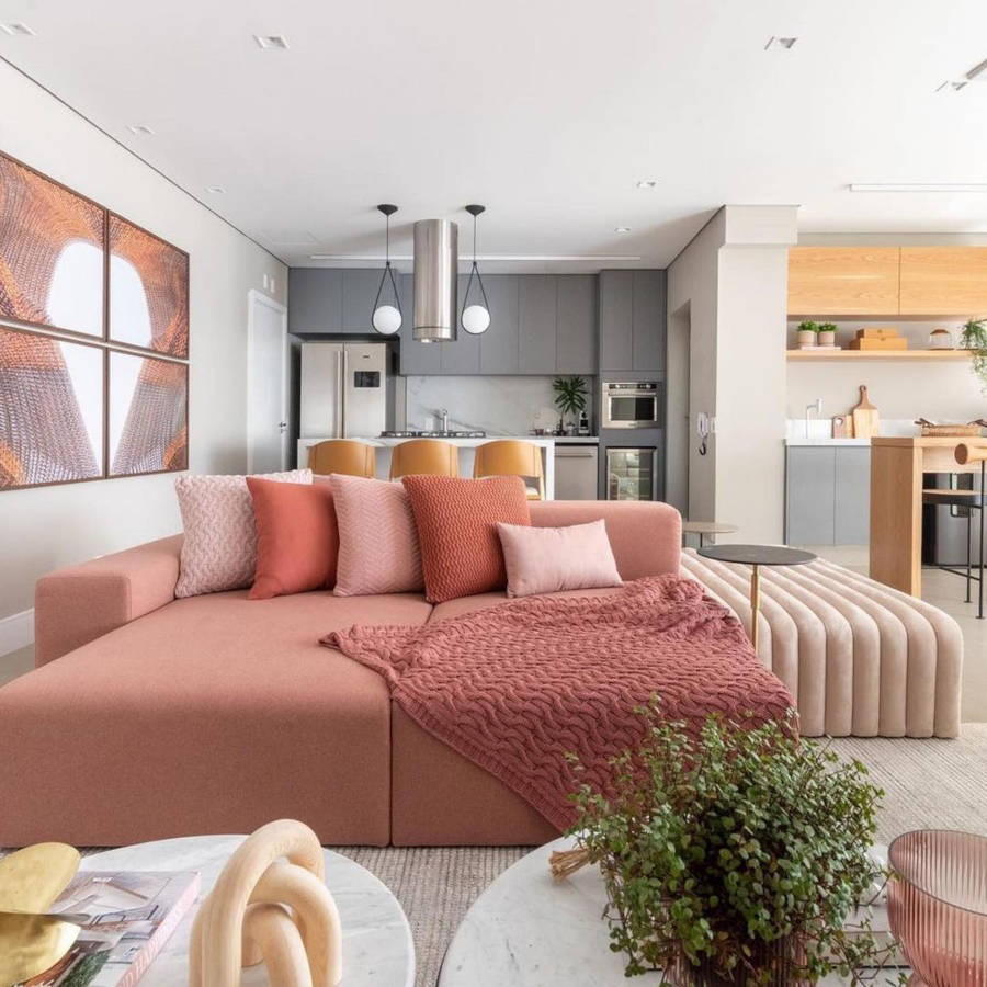 Living room with pink sofa.