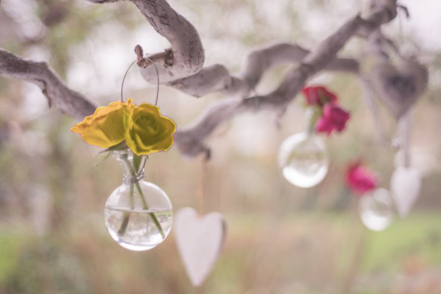 round glass vase with water and flowers hanging from a tree branch with wire