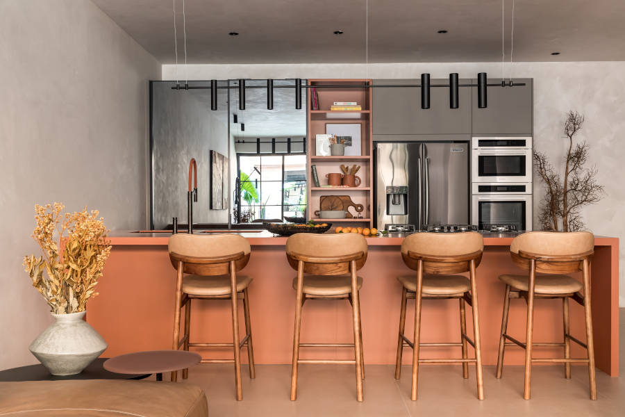 Room with wooden stools.