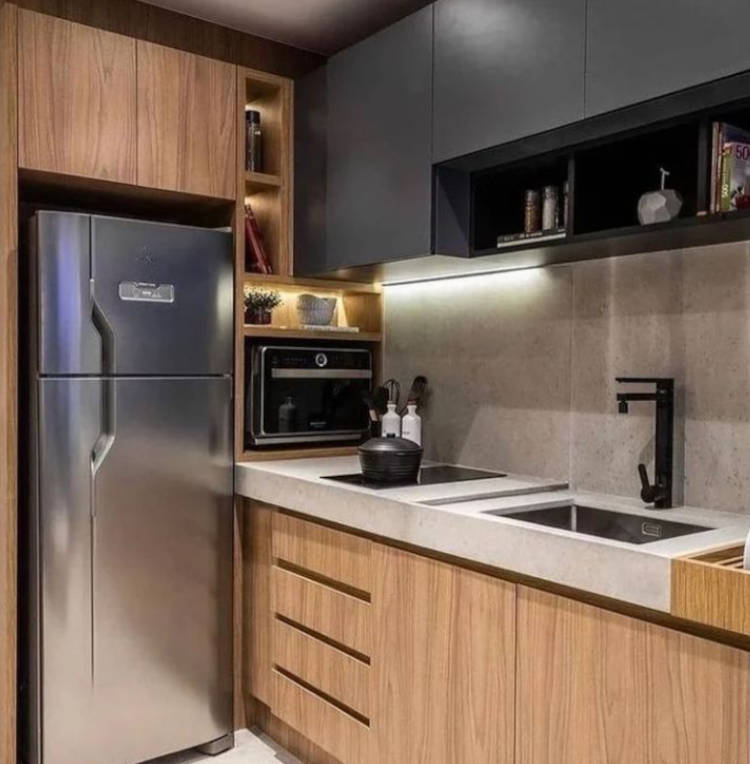 Illuminated custom kitchen cabinet. Kitchen with illuminated cabinet.