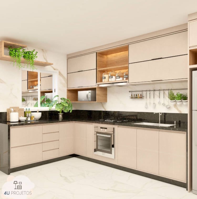 Hollow handle. L-shaped kitchen.