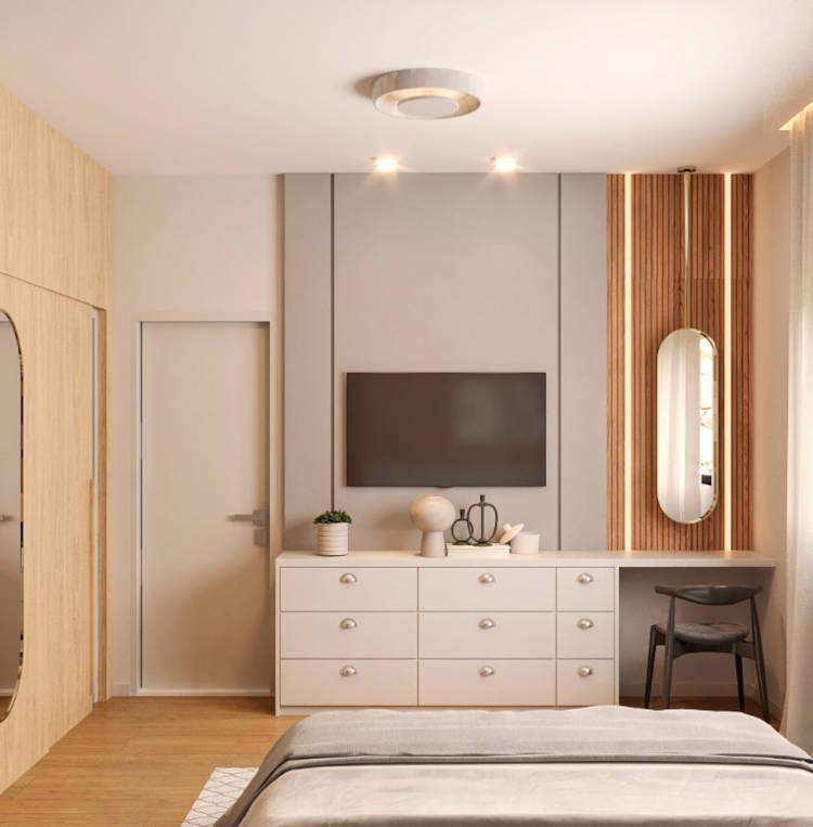 Interior decoration of a bedroom with television, chest of drawers and dressing table with slatted wood details