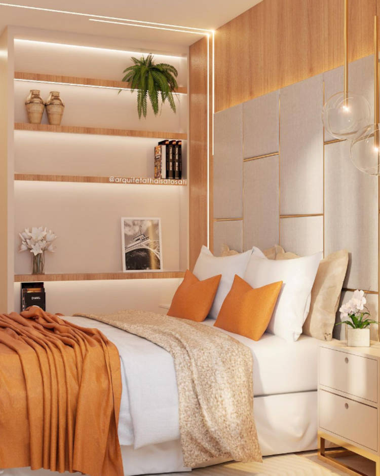 Interior decoration for double bedroom with wooden panel, bookshelves, padded headboard and white and mustard bedding