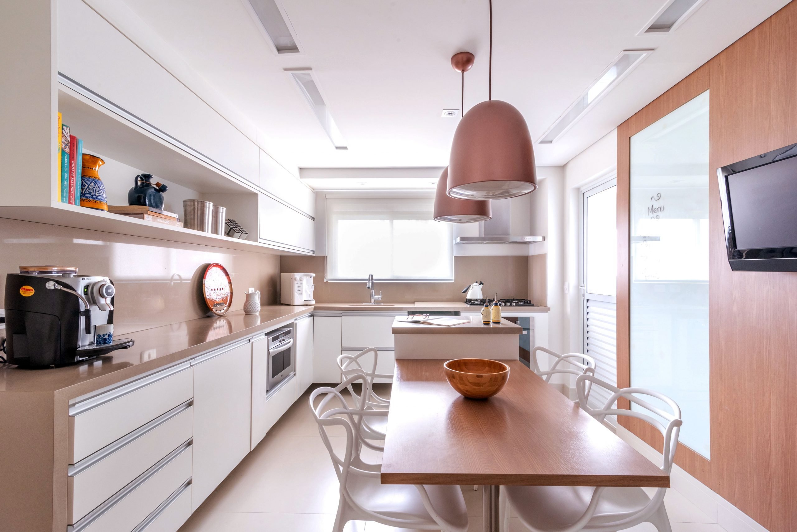 Kitchen with white cabinets and brown countertops, interior decoration for kitchen.