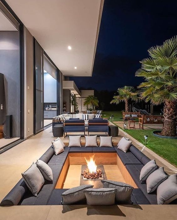 Sofas around the fire pit.