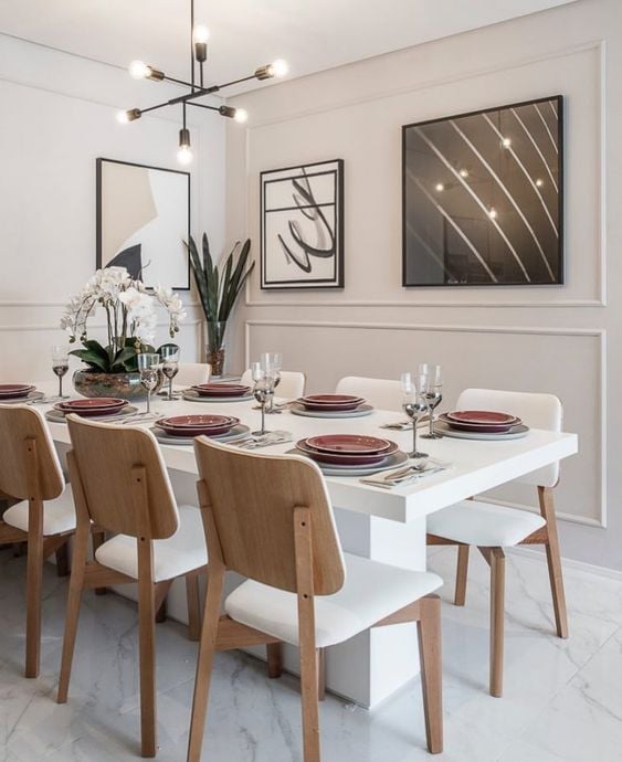 White table with dark dishes.