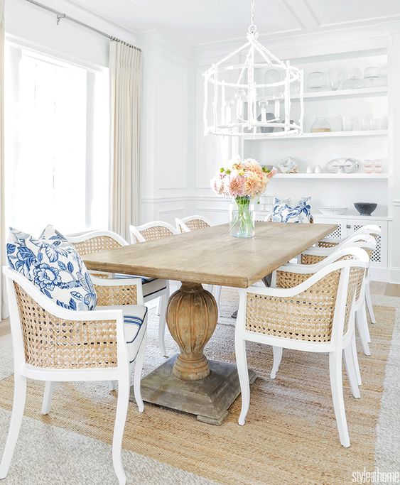 White and woody dining room.