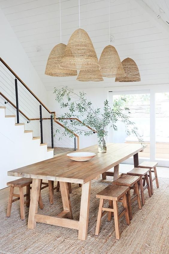 Dining room with wooden benches.